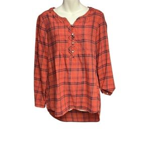 Eddie Bauer size medium Orange plaid tunic length  Buttoned Blouse